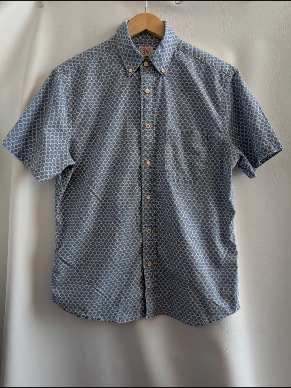 Faherty Blue Cotton Short-Sleeve Button Shirt Fishscale Print - M